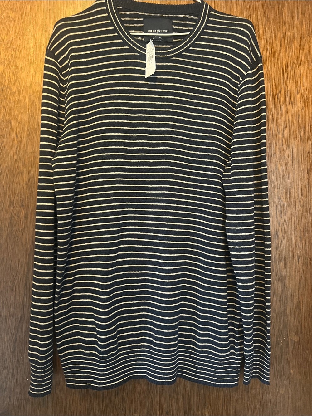 American Eagle Outfitters Men’s Black and White Striped Long-Sleeve Crew